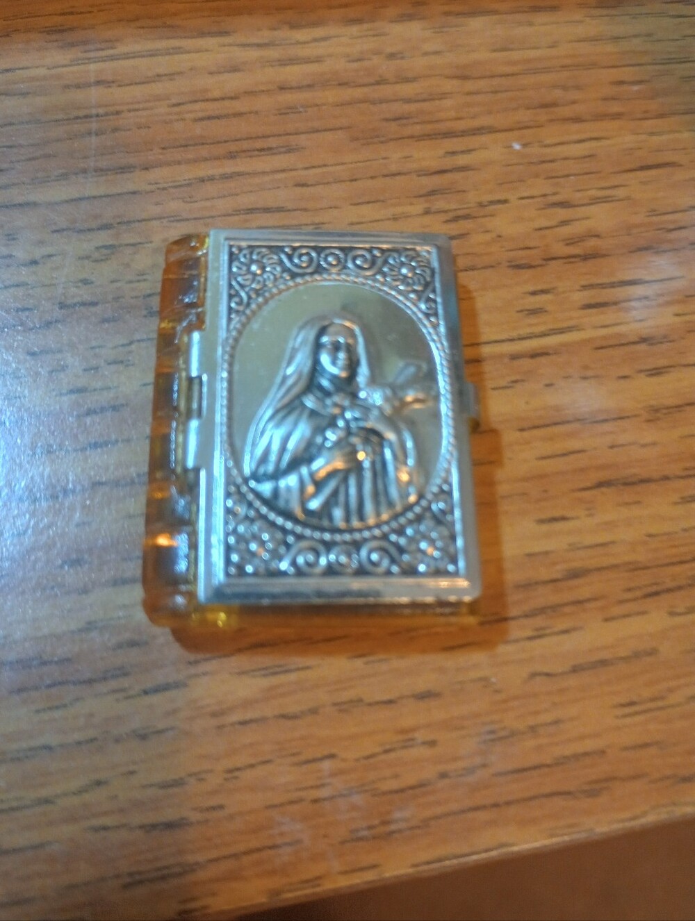 Silver Religious Locket Pendant with Amber-Tone Accents